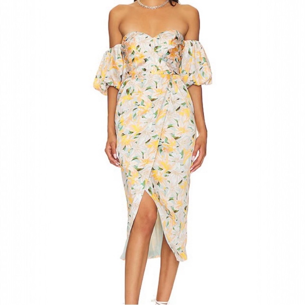 ASTR Floral Strapless Midi Dress Puff Sleeve Sweetheart Slit Yellow Green S - Picture 5 of 16